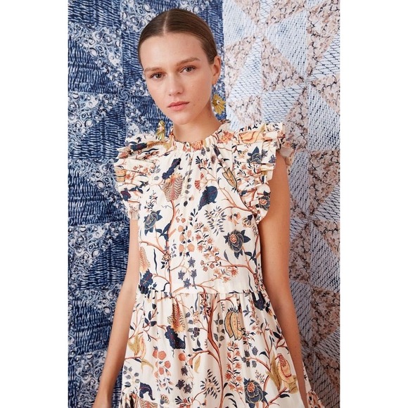 Ulla Johnson Floral Ruffle Tiered Babydoll Mini Dress Cream Blue Ochre - Picture 4 of 16